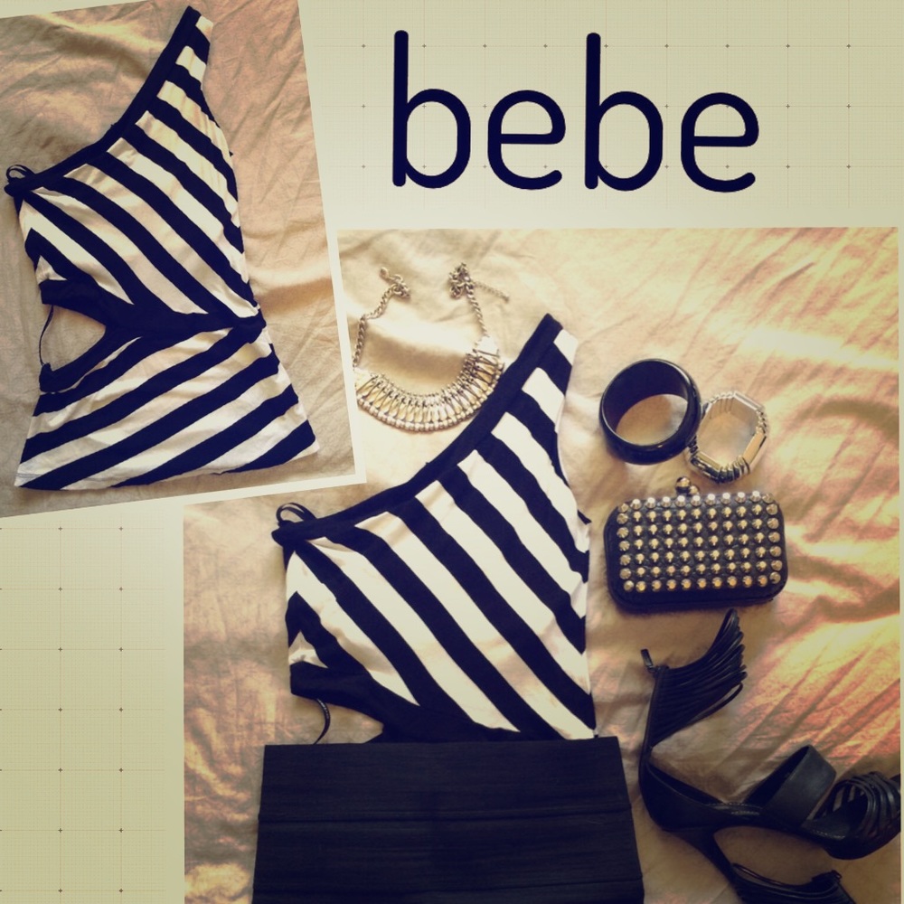 bebe one shoulder striped cutout top S black white